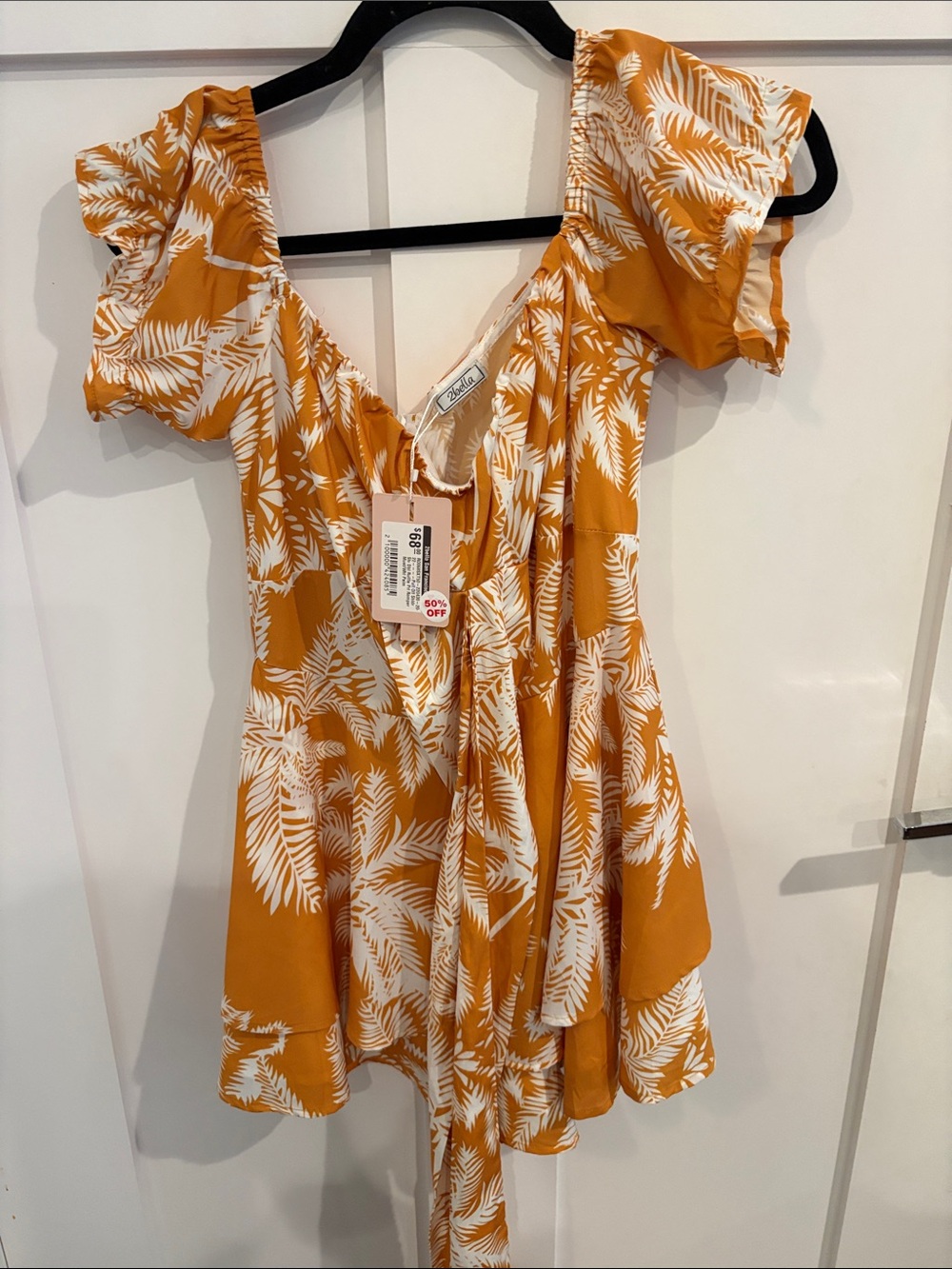 Abella Mustard and White Tropical-Leaf Sundress